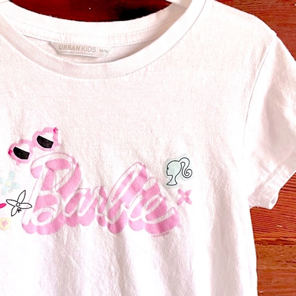 4/$20💥10-12 Barbie Graphic T-Shirt, White Pink, Short-Sleeve, Stylized Logo Tee